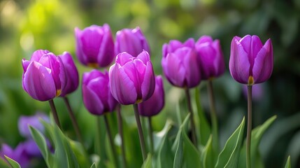 Fototapeta premium Purple tulips in a garden, vibrant and cheerful, springtime floral display