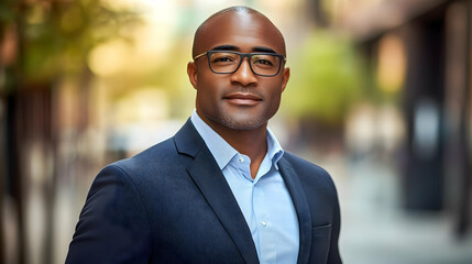 Fototapeta premium Portrait of a confident African American man in a blue suit and glasses, standing outdoors.