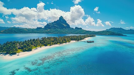 Aerial view of motu tapu with lush green tropical island and palm trees, bora bora, french polynesia