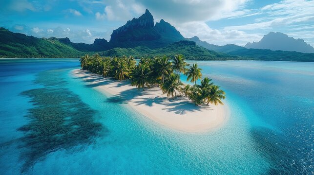 Aerial view of motu tapu with lush green tropical island and palm trees, bora bora, french polynesia