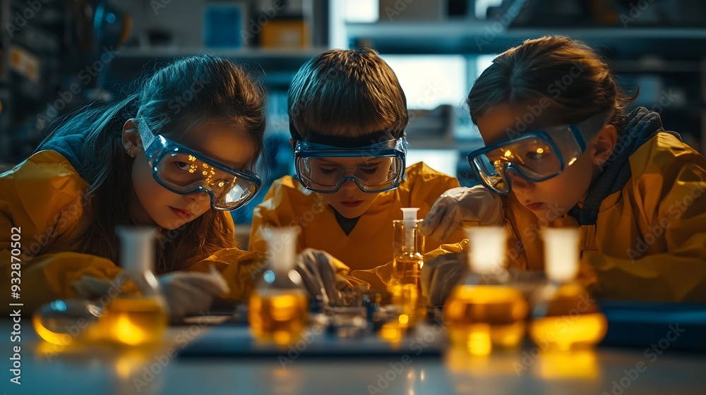 Poster elementary school students sitting behind a table in a group conducting a biology experiment for a s