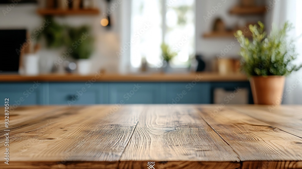 Poster kitchen table background wood counter top on blur of white clean abstract home interior with bokeh u