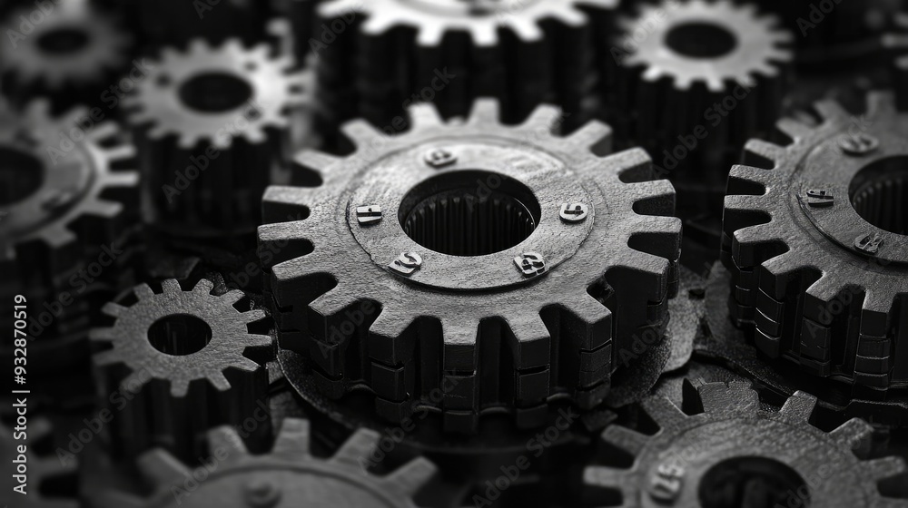 Poster retro black and white background of industrial cogs or gears with movement