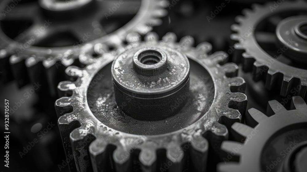 Aufkleber close-up view of complex interlocking industrial gears in black and white