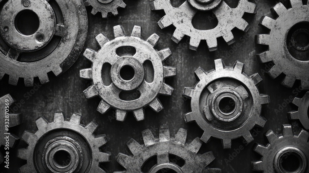 Poster close-up view of complex interlocking industrial gears in black and white