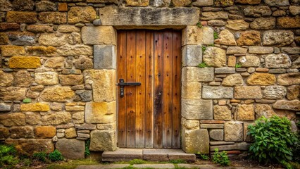 Fototapeta premium Old wooden door set in an ancient stone wall , vintage, architecture, entrance, rustic, weathered, historic, aged, texture