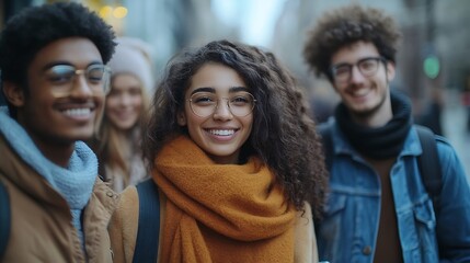Fototapeta premium Multiracial group of friends having fun walking on the city Young people celebrate holiday vacations outside : Generative AI