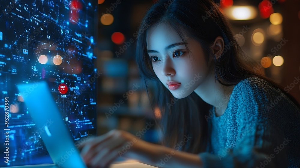 Aufkleber Education technology and AI Artificial Intelligence concept Women use laptops Learn lessons and online webinars successfully in modern digital learning  Courses to develop new skills : Generative AI