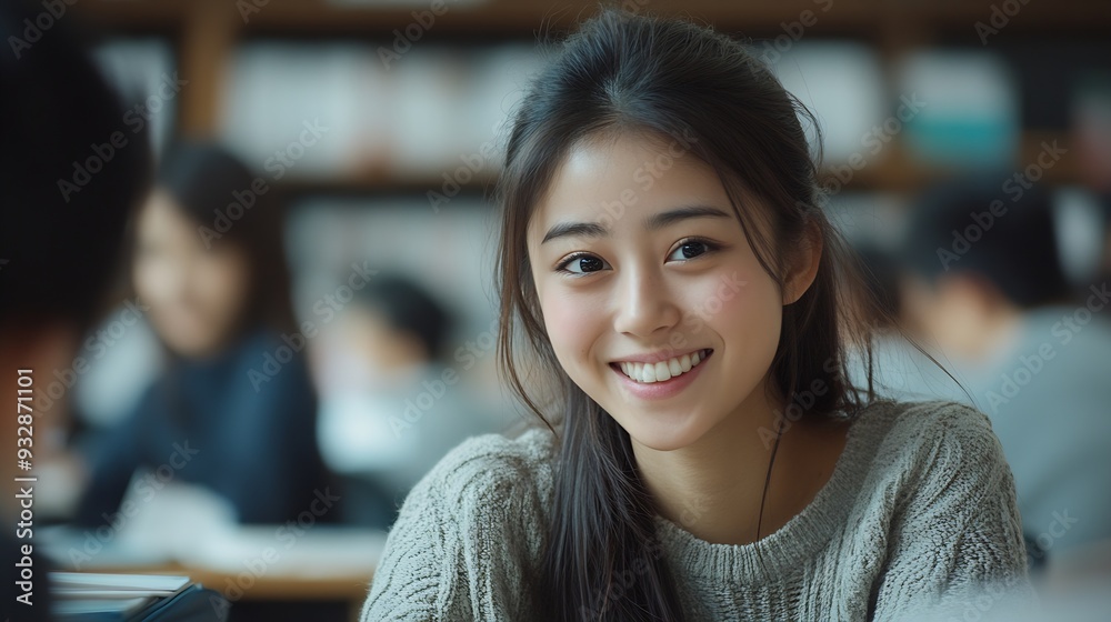 Poster university classroom diverse group of young students asian collaborate study together sharing smiles