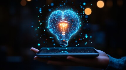 Hand holding tablet with bulb for Artificial Intelligence or AI brain analysis informationTechnology and science conceptmachine learning systemHitech and futuristic world : Generative AI