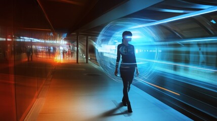 Woman in Virtual Reality Walking Through a Futuristic Tunnel