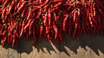 Red chili peppers drying in the sun, spicy and flavorful, traditional preservation