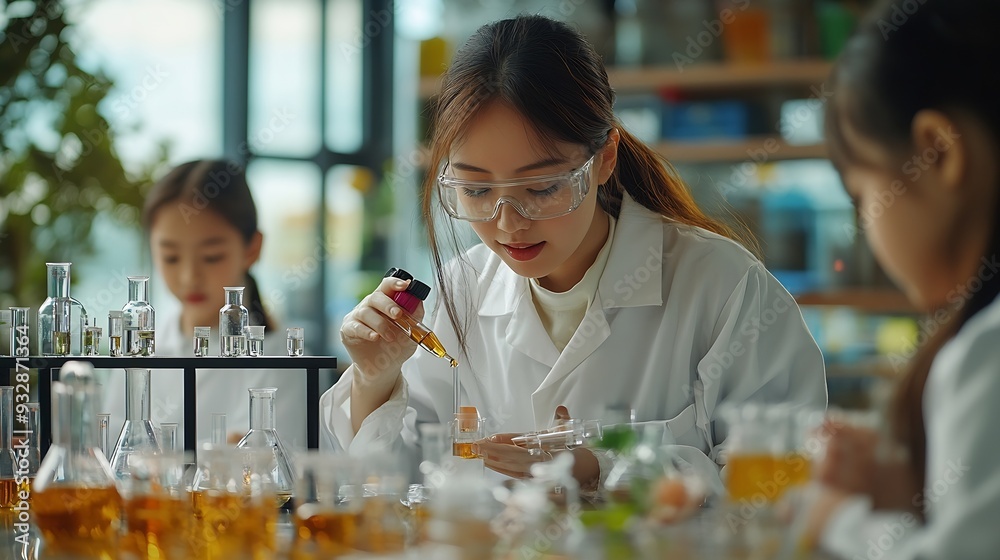 Aufkleber Education learning or science with teacher and students at table in laboratory for experiment or reaction Classroom school or study with woman scientist and children at academy for dev : Generative AI
