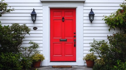Obraz premium Red door on a white house, vibrant and inviting, architectural contrast