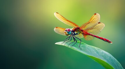 Red dragonfly perched on a leaf, vibrant and delicate, close-up nature photography