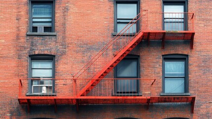 Obraz premium Red fire escape on a brick building, urban and practical, city architecture detail