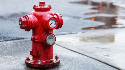 Fototapeta premium Red fire hydrant on a sidewalk, practical and essential, urban safety equipment -