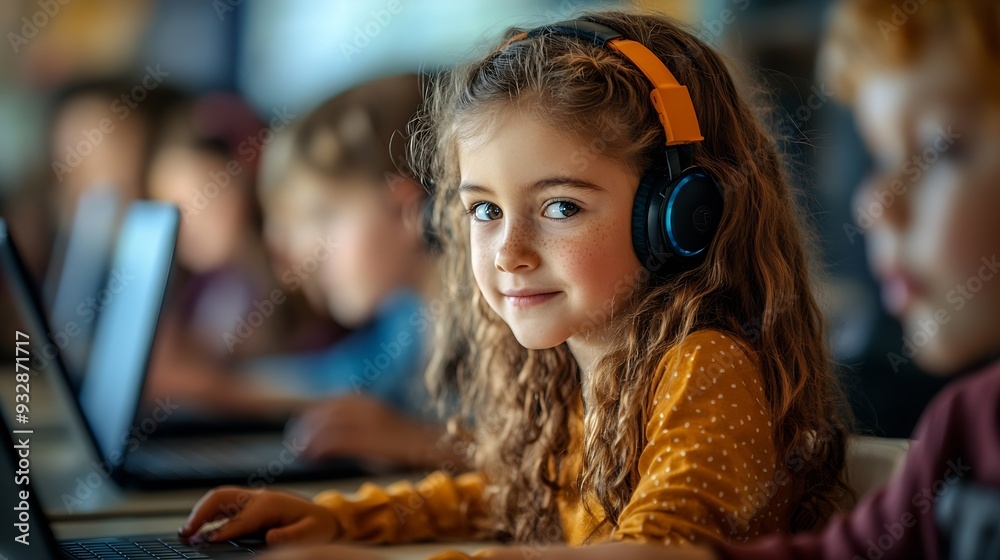 Aufkleber Group of TechSavvy Primary School Children Working on Their Laptop and Tablet Computers in Class Young Female Teacher Educating Kids on Internet Safety Basic Programming Languages and  : Generative AI