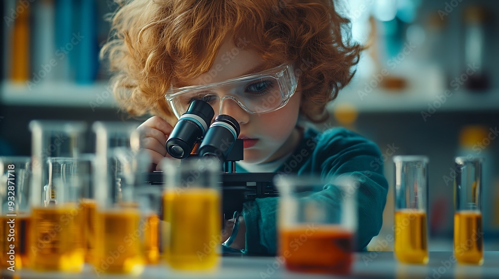 Aufkleber little scientist looking through a microscope and test tubes filled with chemicals for learning about science and experiments : Generative AI