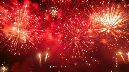 Obraz premium Red fireworks exploding in the night sky, vibrant and celebratory, festive display