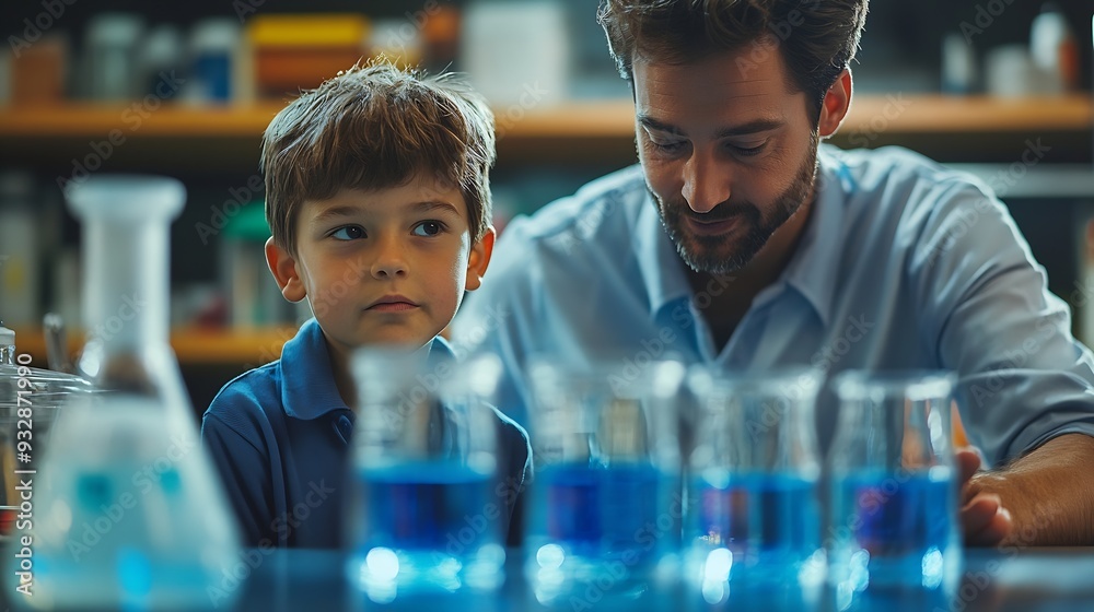 Aufkleber Teacher support schoolboy in laboratory Schoolboy and teacher stand and experiment about science of chemistry in STEM class using liquid in glass container Instructor mixing solution E : Generative AI