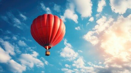 Naklejka premium Red hot air balloon floating in the sky, adventurous and whimsical, freedom in flight