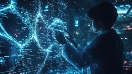 Young Scientist Interacting with Futuristic Interface