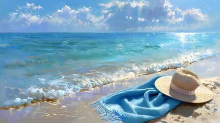 blue towel with hat and summer beach. 