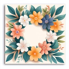 Elegant floral wreath with colorful flowers and leaves in a modern, artistic style, perfect for invitations and home decor.