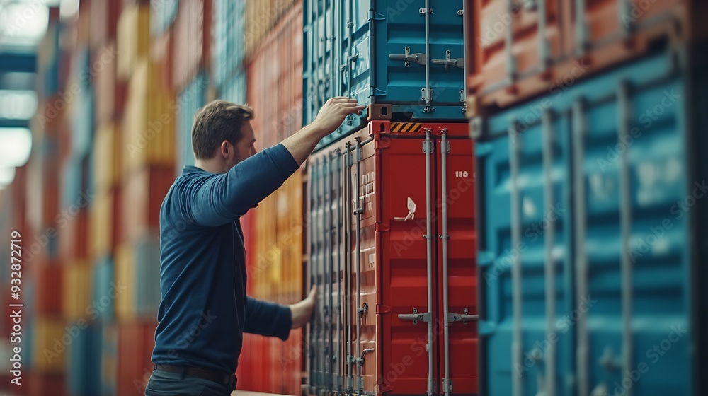 Poster business man arranging stack of freight containers on his table in office logistics freight transpor