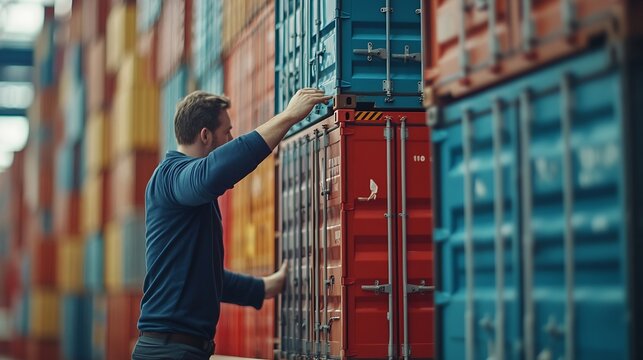 Business man arranging stack of freight containers on his table in office Logistics freight transportation and trading worldwide Imports export and international distribution concept : Generative AI