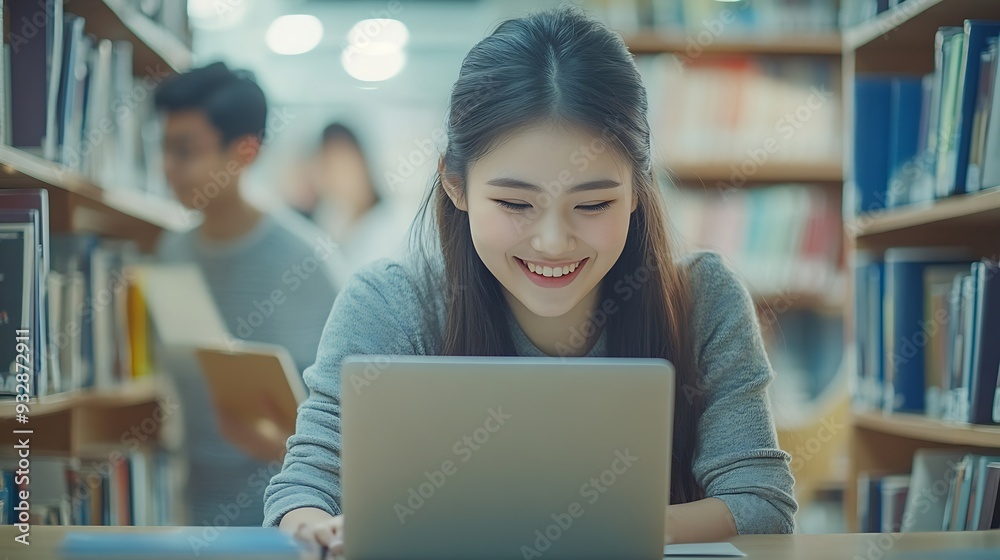 Aufkleber Students group and happy in library for education learning and reading test results or news on computer Young college people on laptop for solution research or studying with support he : Generative AI