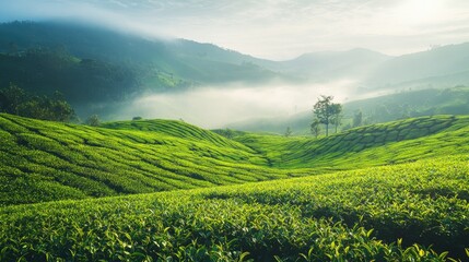 Fototapeta premium Serene green tea plantation on rolling hills with misty morning atmosphere, peaceful landscape