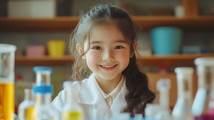 Happy young scientist kid girl in lab coats using lab equipment for study in school laboratory Asian female teacher teaching schoolgirl child to do science experiments Kid learning sci : Generative AI