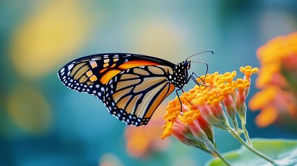 Obraz premium Beautiful spring summer image of monarch butterfly on orange lantana flower against blue sky on bright sunny day in nature macro : Generative AI