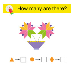 Math activity for children. How many geometric shapes? Cartoon pink flower.