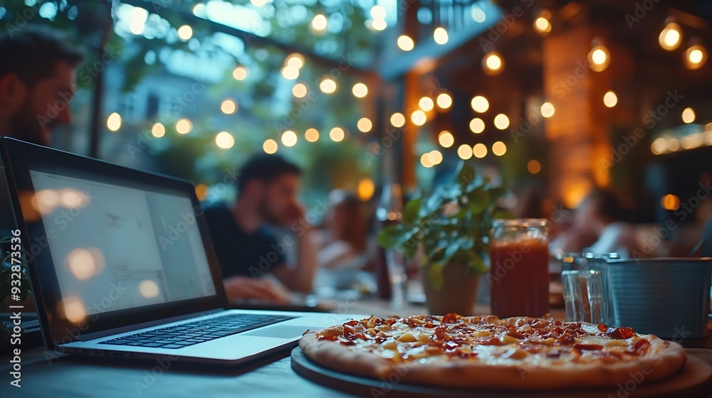 Aufkleber business meeting laptop and people for design at night in office creative agency and overtime food f