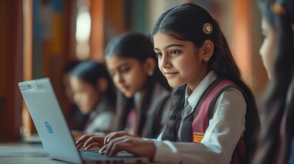 Group of rural school girls in uniform sitting in school corridor working on laptop  concept of digital education : Generative AI