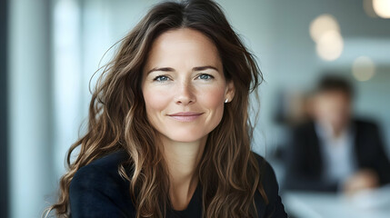 Fototapeta premium Portrait of a confident woman smiling, looking at the camera, with long brown wavy hair.
