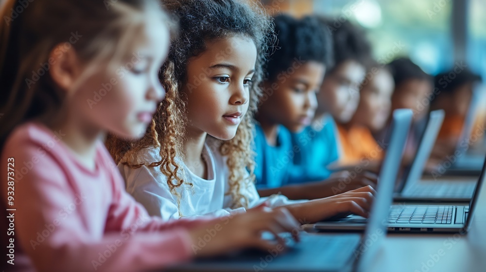 Aufkleber Group of TechSavvy Primary School Children Working on Their Laptop and Tablet Computers in Class Young Female Teacher Educating Kids on Internet Safety Basic Programming Languages and  : Generative AI