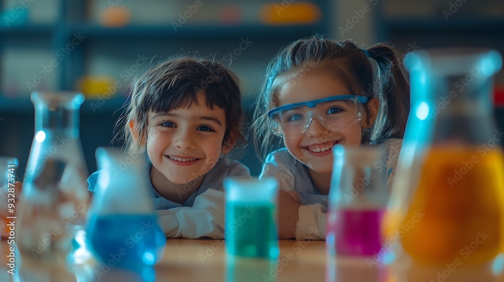 Poster science teacher and students in classroom with slime for experiment education and happy kid chemistr