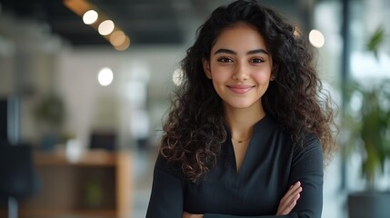 Indian curly hair young adult gen z smiling cute corporate girl standing proud look cam indoor office place Confident happy business woman worker do pose head shot portrait video at jo : Generative AI