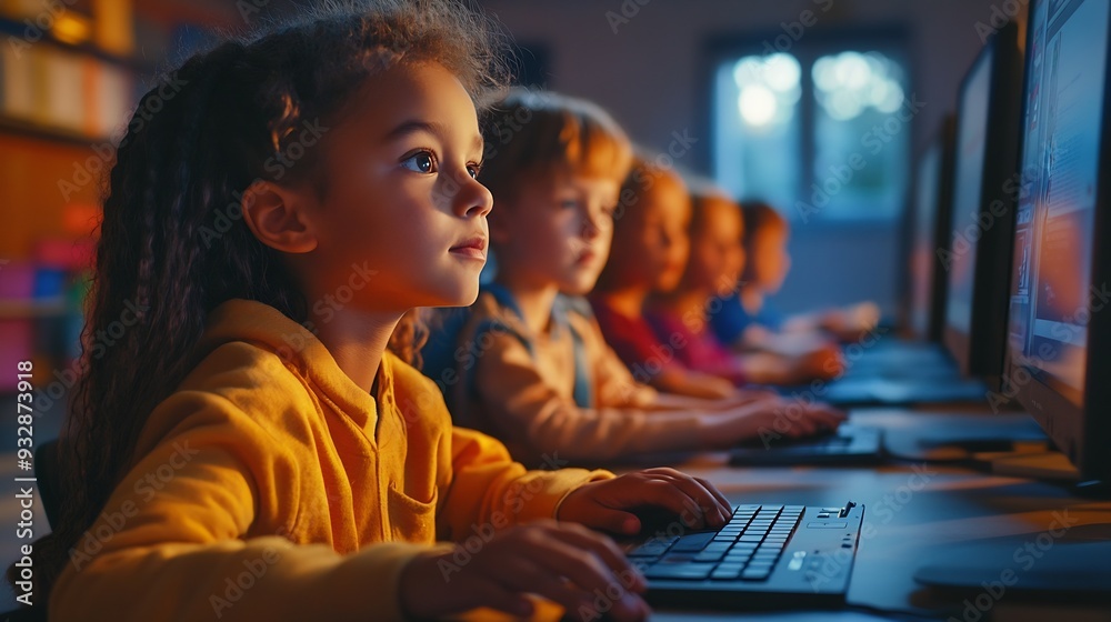 Poster elementary school children learning basic computer knowledge teacher educating smart diverse kids in
