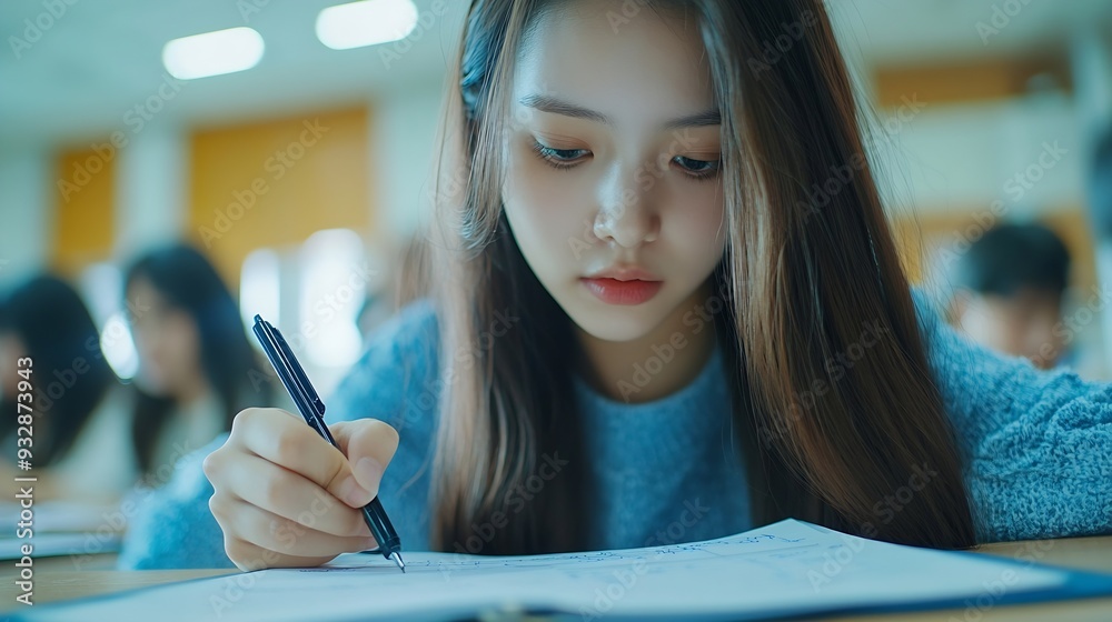 Aufkleber Woman students and writing with test in classroom for exam study or assignment at university Female person or group busy on project or essay with notebook for higher education lesson o : Generative AI