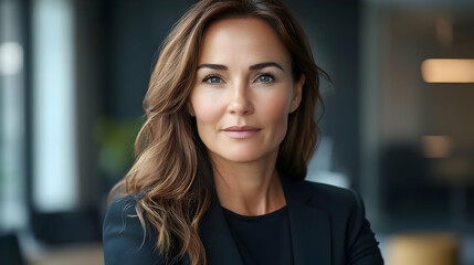 Fototapeta premium Portrait of a confident woman with long brown hair, wearing a black blazer, looking directly at the camera with a serious expression.