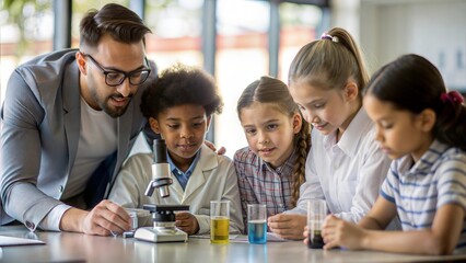 A  teacher guiding students through a hands-on science experiment, with students gathered around a lab table.