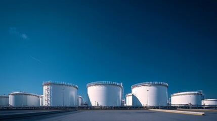 Row many large industrial fuel storage white tanks clear blue sky background on sunny day Oil storage refinery depot liquid facilities Energy hazmat railroad transportation storage and : Generative AI