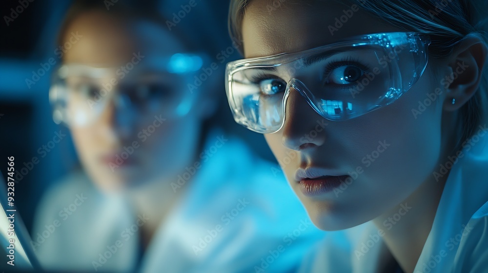 Aufkleber Scientist women and teamwork on tablet and computer for laboratory advice medical research and night planning Students science people or mentor on digital technology of test results or : Generative AI
