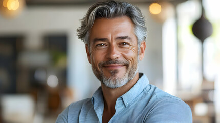 Fototapeta premium Portrait of a happy middle aged man with gray hair and a beard, smiling.