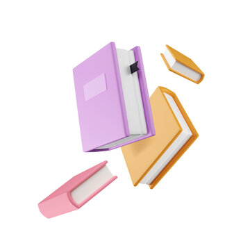 3d books floating on transparent background. Cartoon library, education, school elements in pastel colors. Vector illustration. Bookstore advertising. Textbook with bookmark.